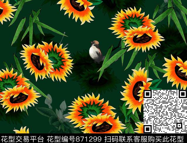 花卉向日葵鸟数码印花华亿平台下载（图片编号: 871299） - 瓦栏（Walan）