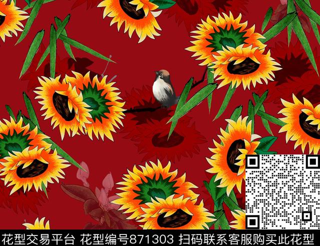 花卉向日葵鸟数码印花华亿平台下载（图片编号: 871303） - 瓦栏（Walan）