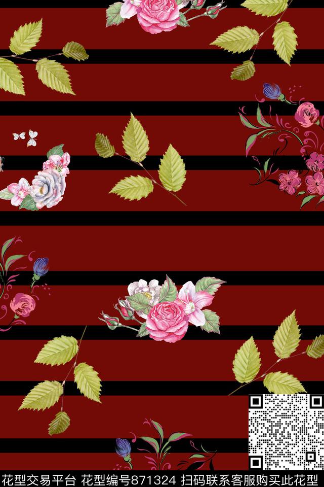 叶子清爽条纹数码印花华亿平台下载（图片编号: 871324） - 瓦栏（Walan）