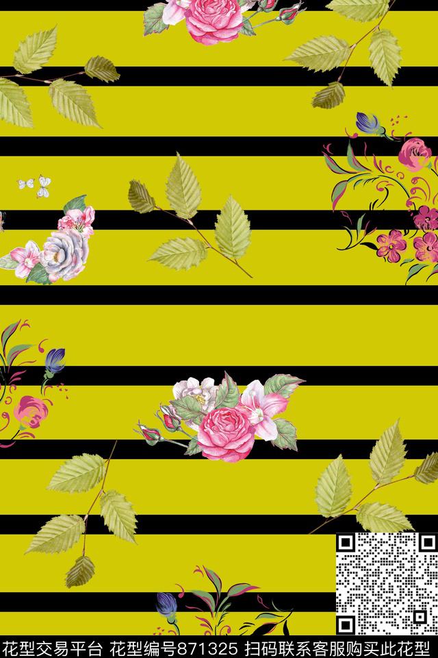 叶子清爽条纹数码印花华亿平台下载（图片编号: 871325） - 瓦栏（Walan）