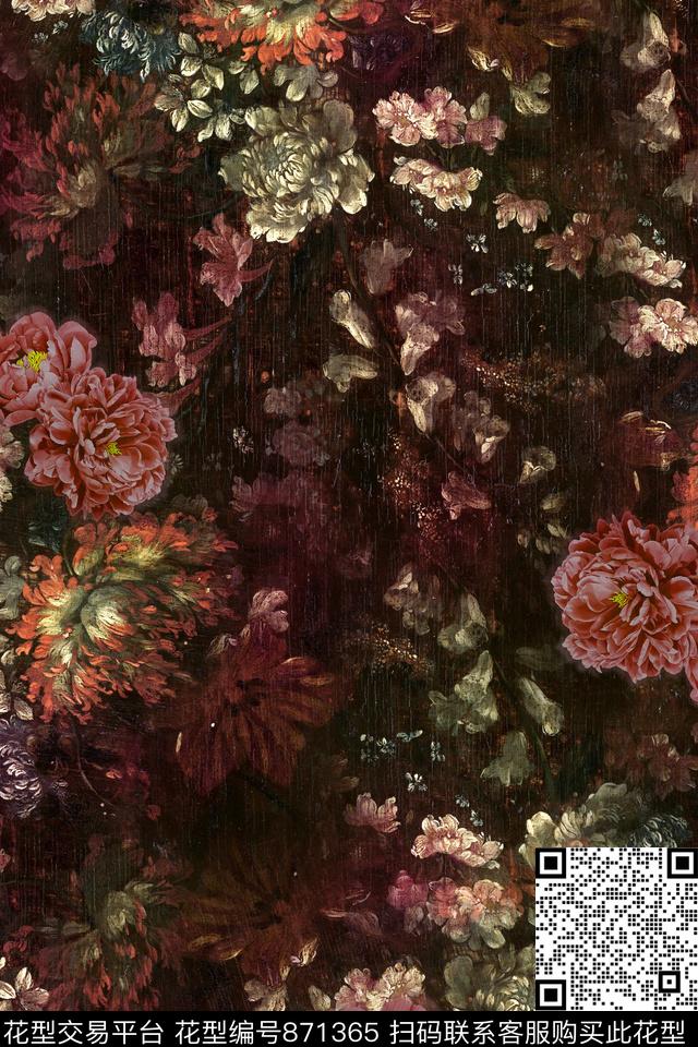 大花花卉中国风数码印花华亿平台下载（图片编号: 871365） - 瓦栏（Walan）