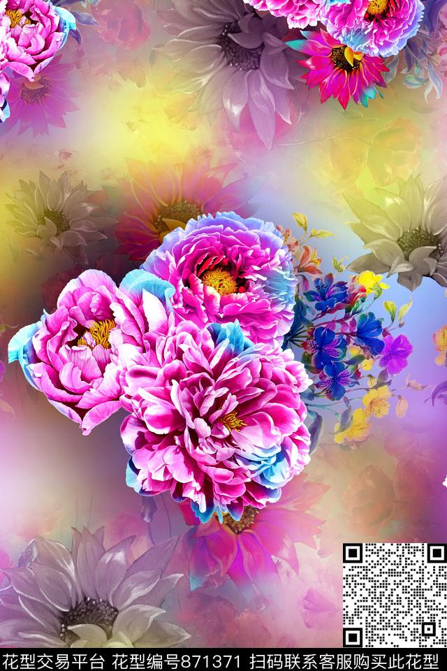大花花卉牡丹数码印花华亿平台下载（图片编号: 871371） - 瓦栏（Walan）