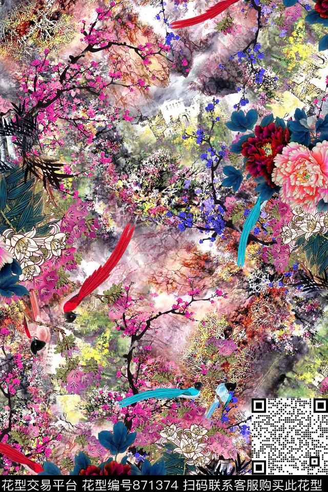 花鸟牡丹花卉数码印花华亿平台下载（图片编号: 871374） - 瓦栏（Walan）