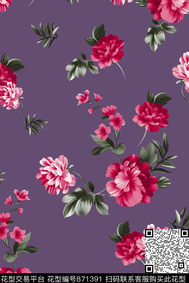 牡丹花朵花卉数码印花华亿平台下载（图片编号: 871391） - 瓦栏（Walan）