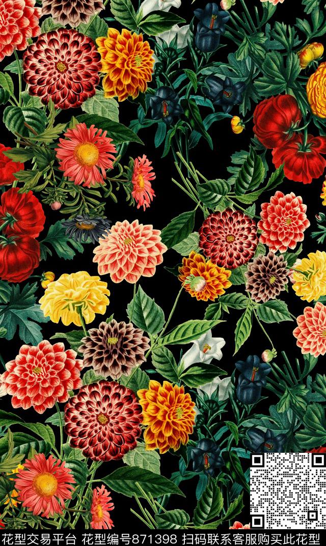 个性复古手绘花玫瑰小碎花数码印花华亿平台下载（图片编号: 871398） - 瓦栏（Walan）