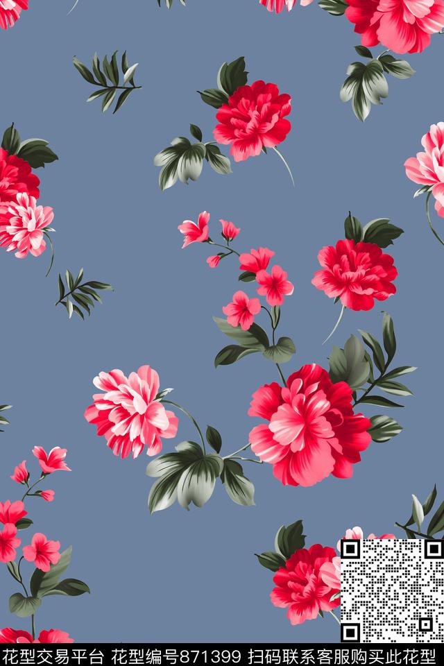 牡丹花朵花卉数码印花华亿平台下载（图片编号: 871399） - 瓦栏（Walan）