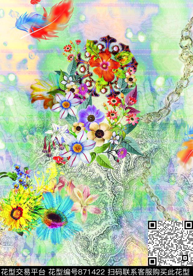 动物纹花卉羽毛数码印花华亿平台下载（图片编号: 871422） - 瓦栏（Walan）
