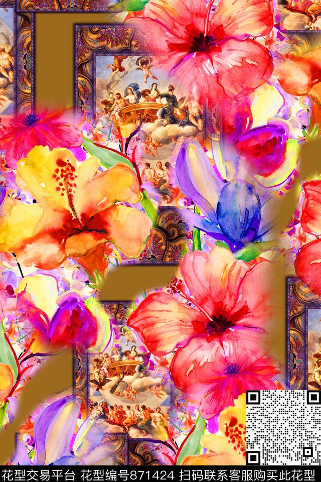 花卉水彩抽象数码印花华亿平台下载（图片编号: 871424） - 瓦栏（Walan）