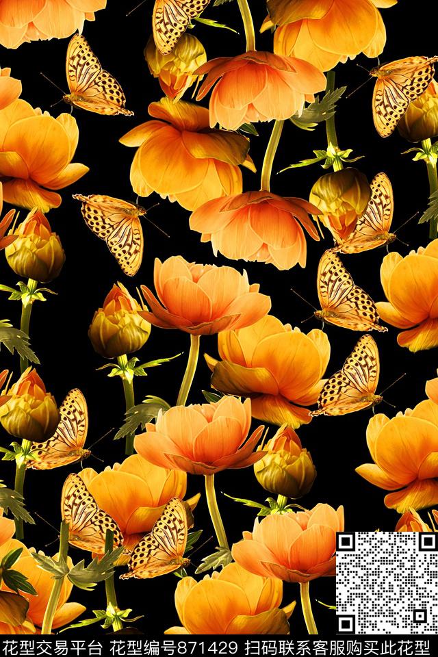 花卉花朵蝴蝶数码印花华亿平台下载（图片编号: 871429） - 瓦栏（Walan）