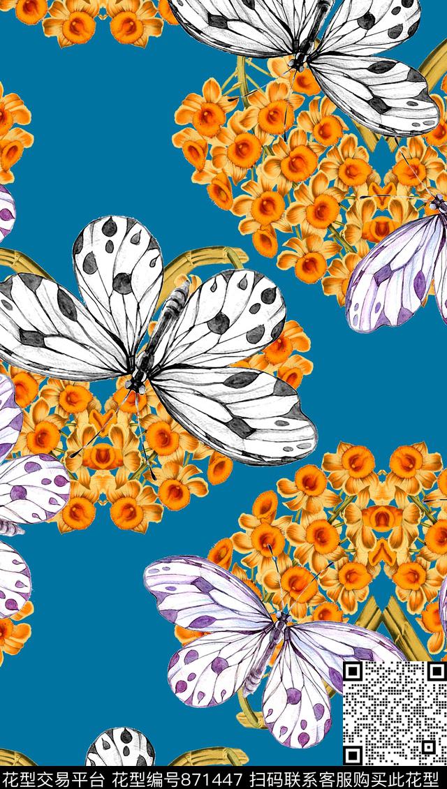 花朵花卉蝴蝶数码印花华亿平台下载（图片编号: 871447） - 瓦栏（Walan）