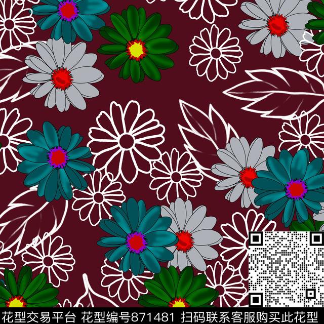 花卉水彩风格花卉简约花卉树叶组合数码印花华亿平台下载（图片编号: 871481） - 瓦栏（Walan）