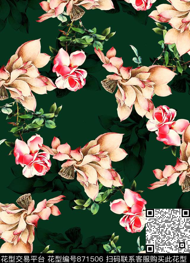 花卉国画荷花数码印花华亿平台下载（图片编号: 871506） - 瓦栏（Walan）