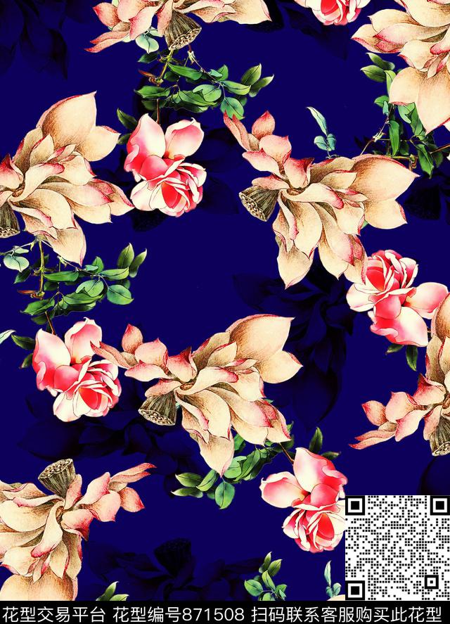 花卉国画荷花数码印花华亿平台下载（图片编号: 871508） - 瓦栏（Walan）