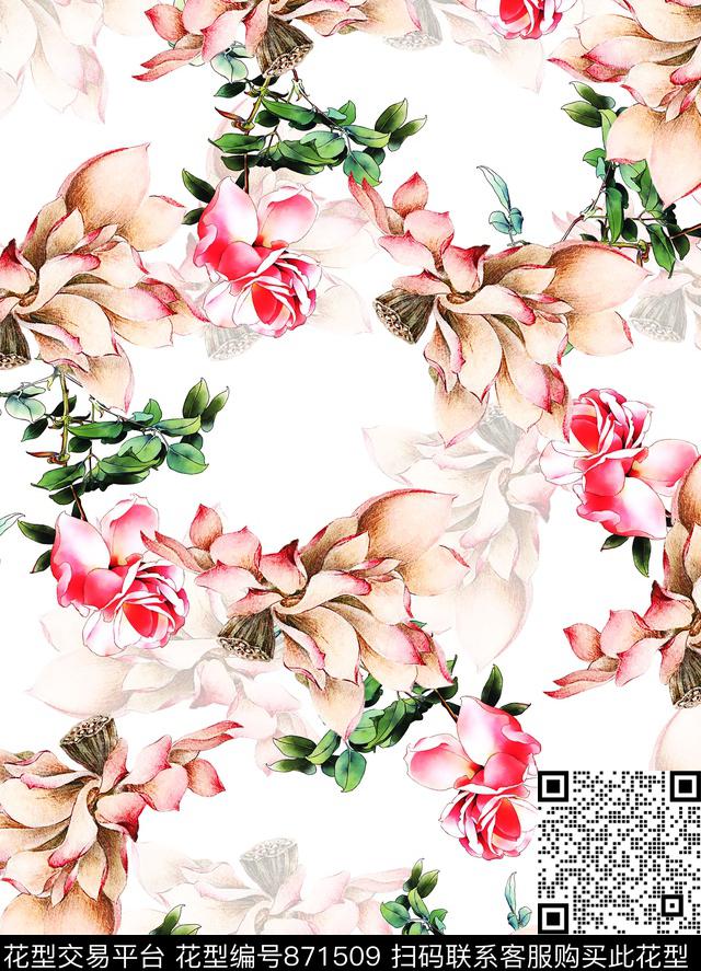 花卉国画荷花数码印花华亿平台下载（图片编号: 871509） - 瓦栏（Walan）