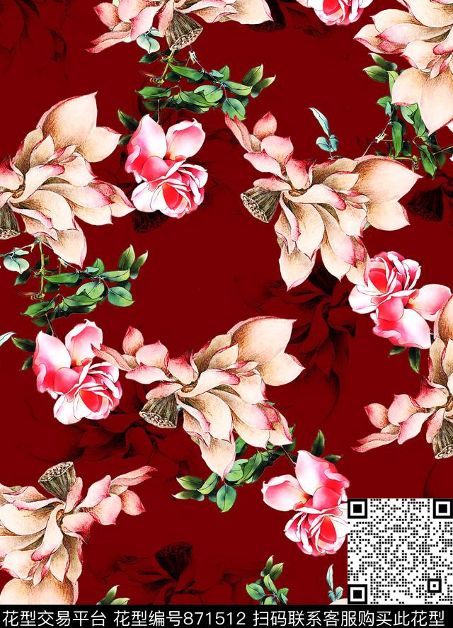 花卉国画荷花数码印花华亿平台下载（图片编号: 871512） - 瓦栏（Walan）