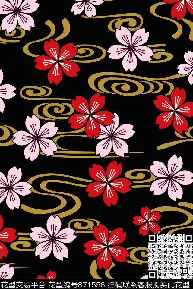 花卉云纹抽象传统印花华亿平台下载（图片编号: 871556） - 瓦栏（Walan）