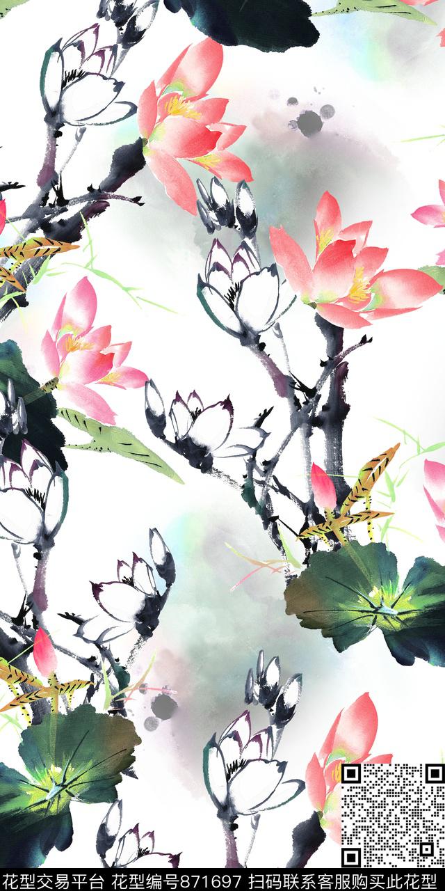 水墨中国风荷花数码印花华亿平台下载（图片编号: 871697） - 瓦栏（Walan）