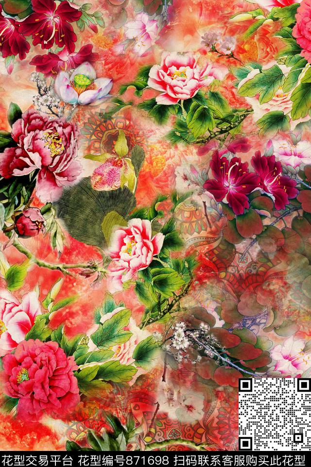 朦胧花卉大花数码印花华亿平台下载（图片编号: 871698） - 瓦栏（Walan）