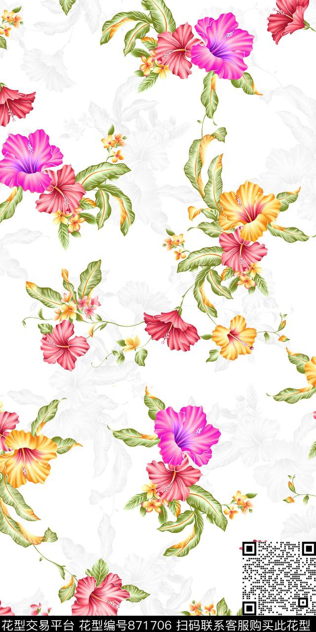 花卉小清新朱槿花数码印花华亿平台下载（图片编号: 871706） - 瓦栏（Walan）