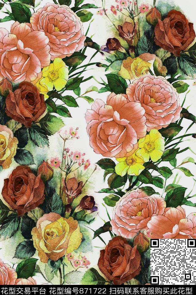 牡丹花朵花卉数码印花华亿平台下载（图片编号: 871722） - 瓦栏（Walan）