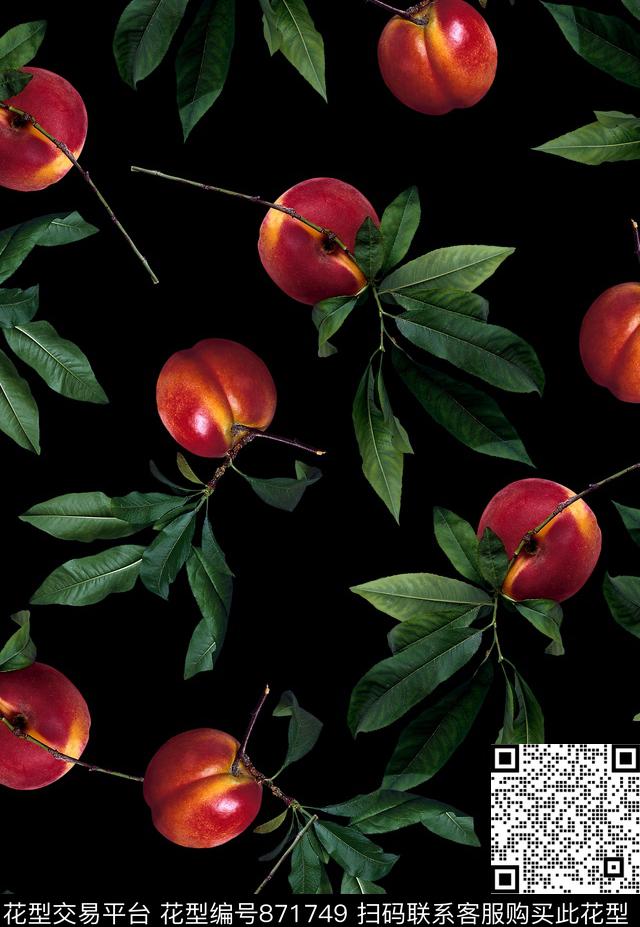 热带水果花卉水蜜桃叶子花卉数码印花华亿平台下载（图片编号: 871749） - 瓦栏（Walan）