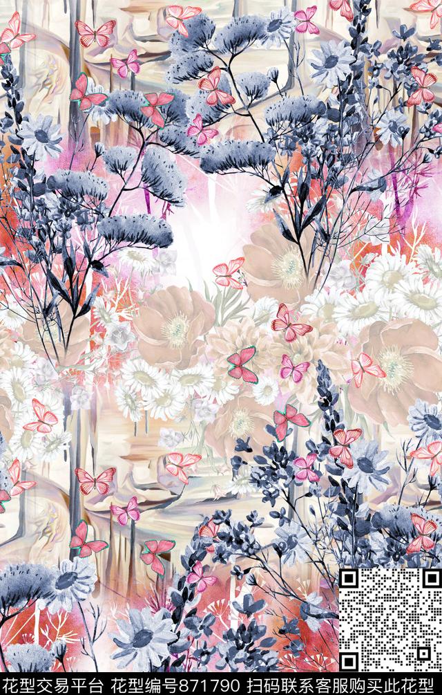 花卉水彩朦胧数码印花华亿平台下载（图片编号: 871790） - 瓦栏（Walan）