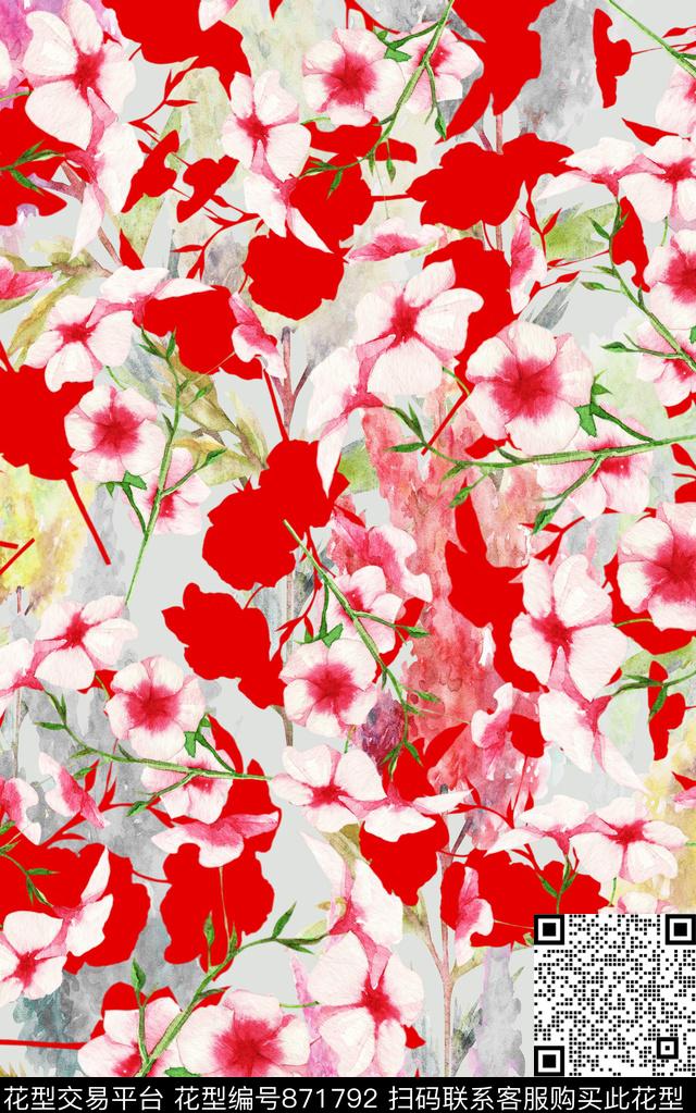 大花花卉水彩数码印花华亿平台下载（图片编号: 871792） - 瓦栏（Walan）