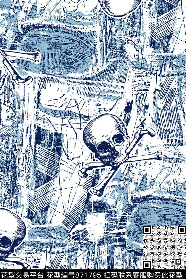 牛仔纹理骷髅头抽象纹理传统印花华亿平台下载（图片编号: 871795） - 瓦栏（Walan）