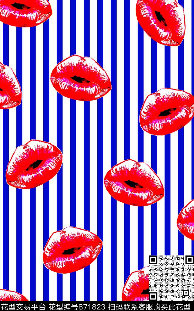 条纹海军风红唇复古数码印花华亿平台下载（图片编号: 871823） - 瓦栏（Walan）