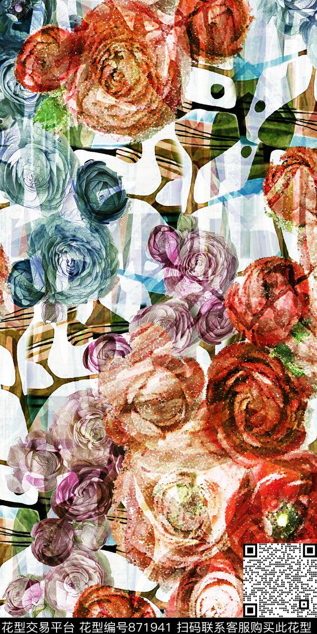 大花花卉花朵数码印花华亿平台下载（图片编号: 871941） - 瓦栏（Walan）