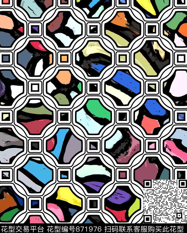 几何格子窗格女装旗袍数码印花华亿平台下载（图片编号: 871976） - 瓦栏（Walan）