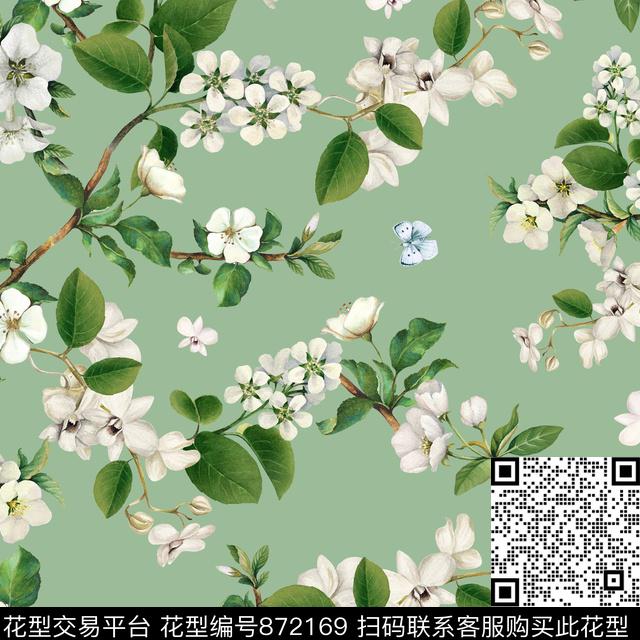 百色花小清新栀子花数码印花华亿平台下载（图片编号: 872169） - 瓦栏（Walan）