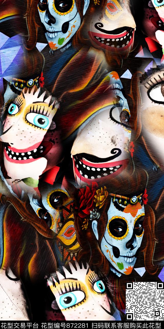 抽象艺术油画鬼脸数码印花华亿平台下载（图片编号: 872281） - 瓦栏（Walan）