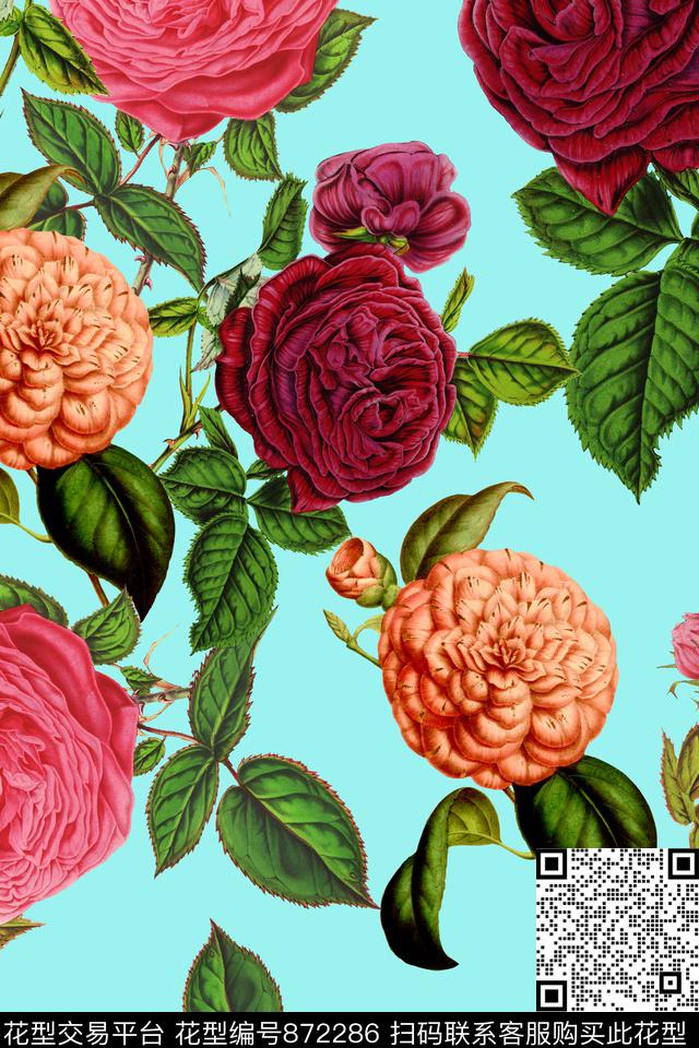 玫瑰大花花朵数码印花华亿平台下载（图片编号: 872286） - 瓦栏（Walan）