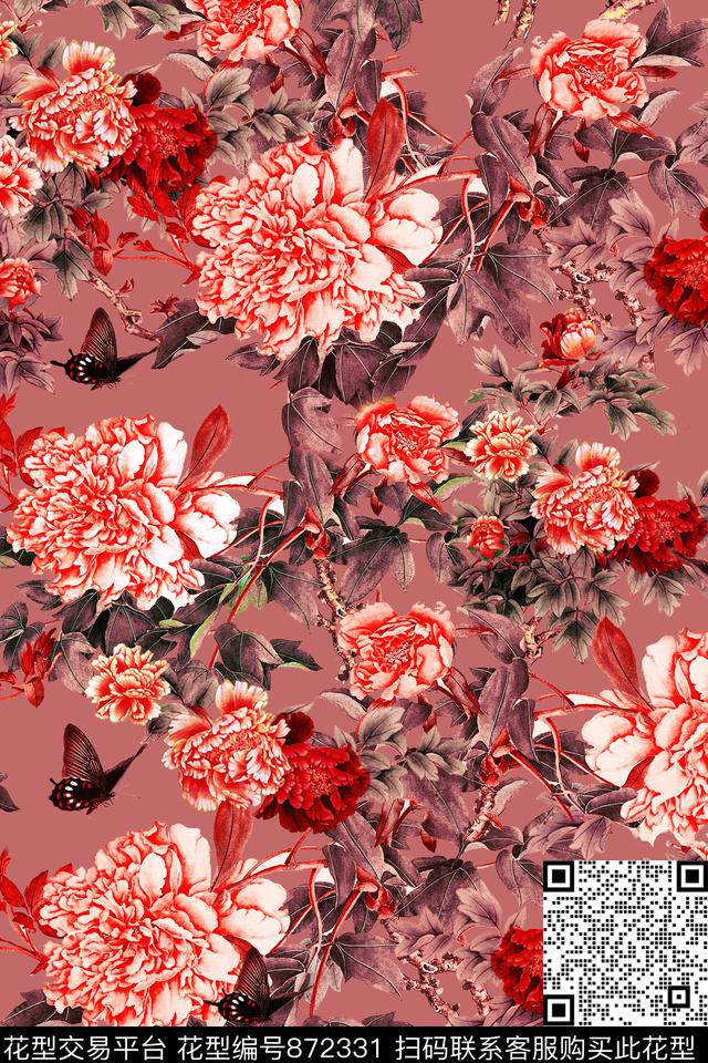 牡丹花朵花卉数码印花华亿平台下载（图片编号: 872331） - 瓦栏（Walan）