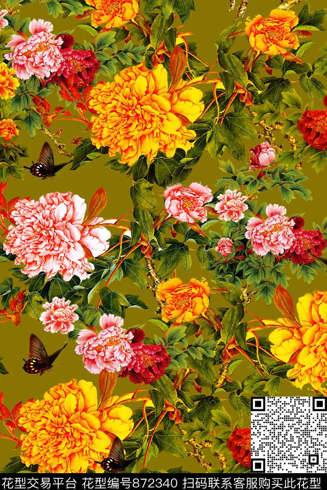 牡丹花朵花卉数码印花华亿平台下载（图片编号: 872340） - 瓦栏（Walan）