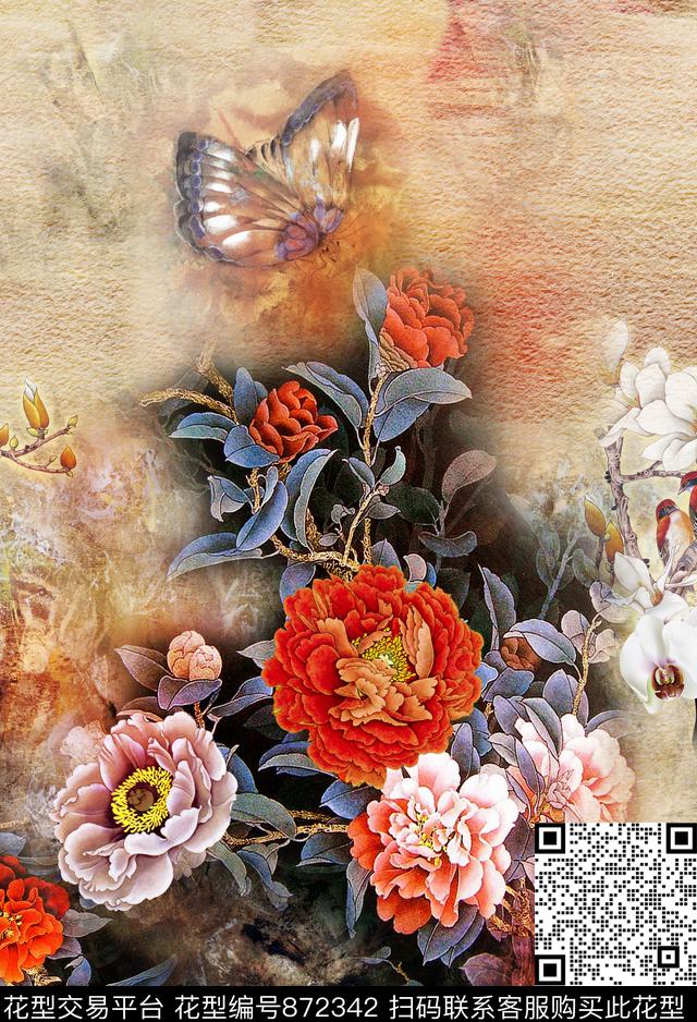 牡丹工笔定位数码印花华亿平台下载（图片编号: 872342） - 瓦栏（Walan）