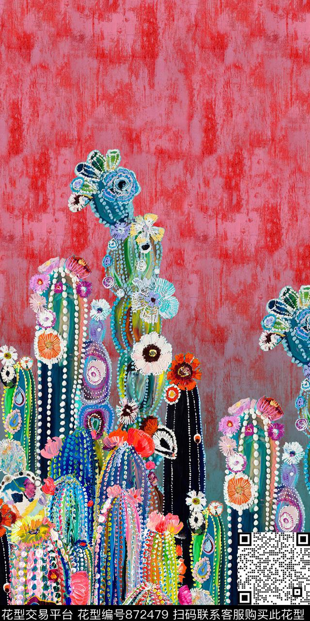 油画仙人掌热带风数码印花华亿平台下载（图片编号: 872479） - 瓦栏（Walan）