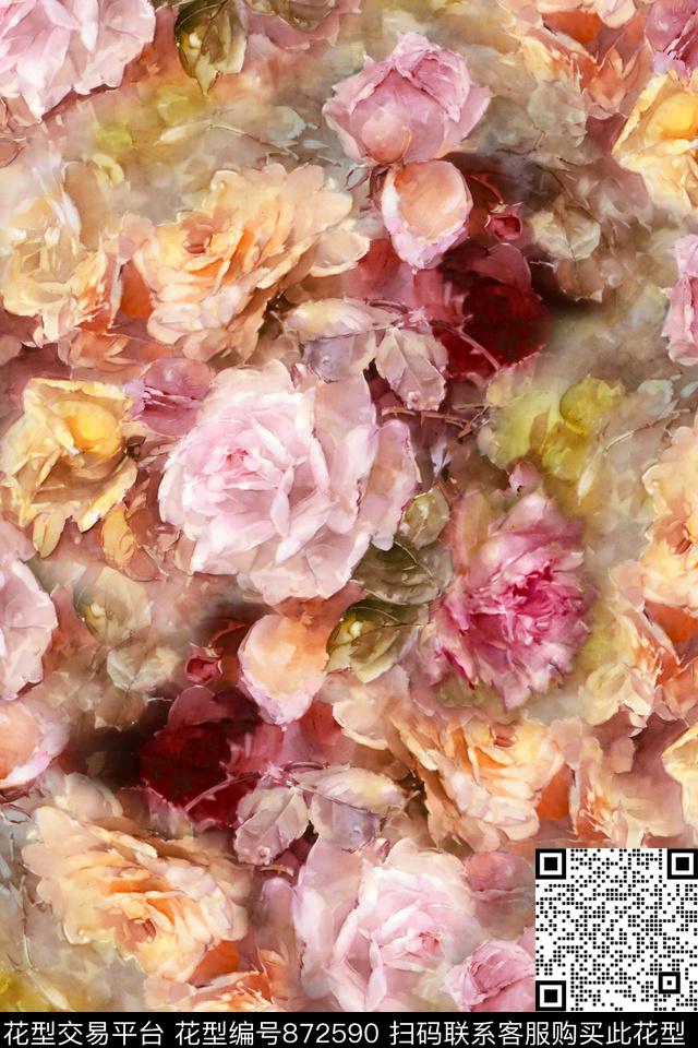 花卉油画绘画数码印花华亿平台下载（图片编号: 872590） - 瓦栏（Walan）