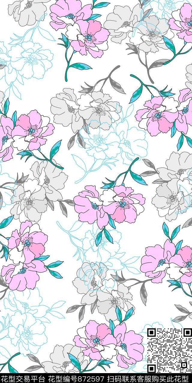 洋阳---花卉手绘花卉丝绸真丝传统印花华亿平台下载（图片编号: 872597） - 瓦栏（Walan）