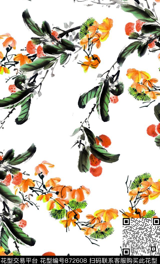 花朵花卉带叶子花数码印花华亿平台下载（图片编号: 872608） - 瓦栏（Walan）