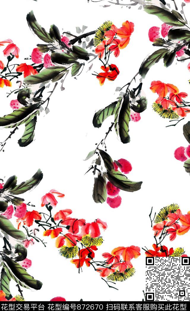 花朵花卉带叶子花数码印花华亿平台下载（图片编号: 872670） - 瓦栏（Walan）