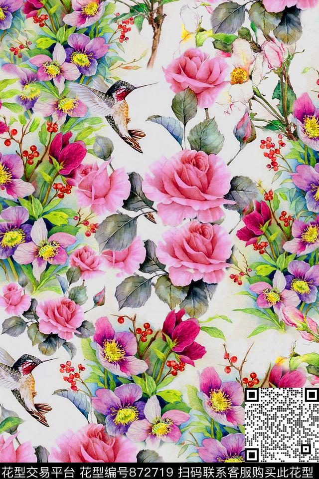 鸟花朵花卉数码印花华亿平台下载（图片编号: 872719） - 瓦栏（Walan）