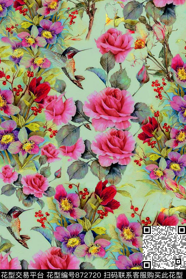 鸟花朵花卉数码印花华亿平台下载（图片编号: 872720） - 瓦栏（Walan）