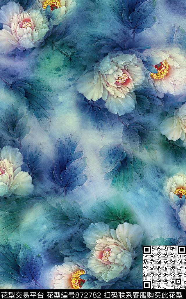 牡丹中国风定位数码印花华亿平台下载（图片编号: 872782） - 瓦栏（Walan）