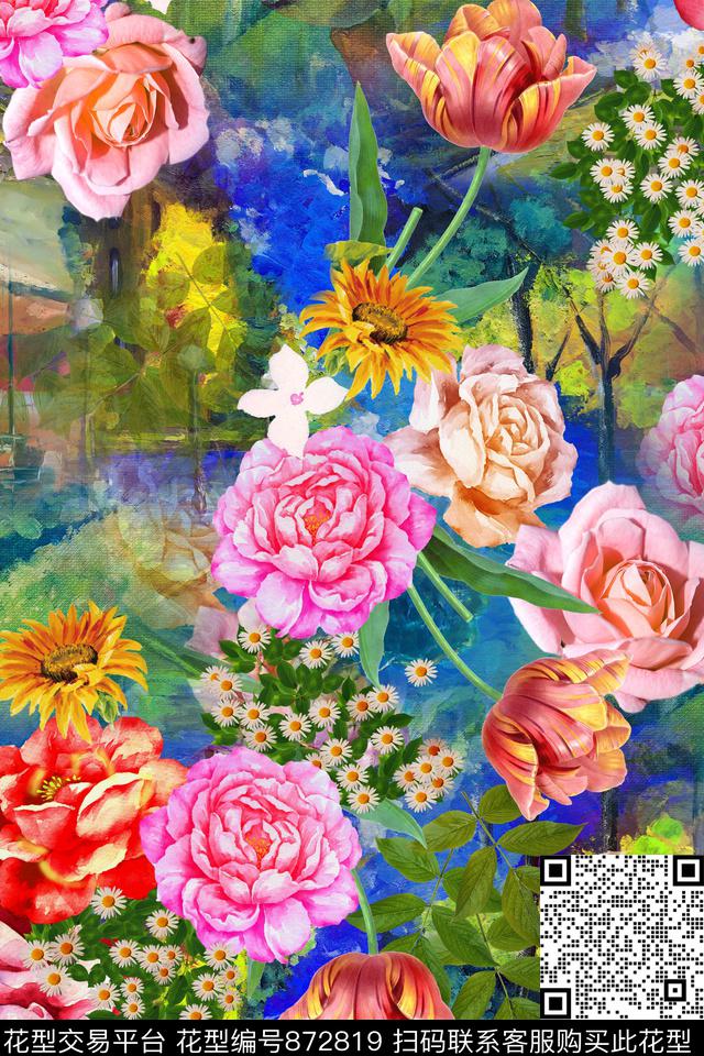女装满版风景底纹手绘玫瑰数码印花华亿平台下载（图片编号: 872819） - 瓦栏（Walan）