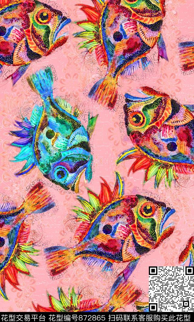 五彩扁鱼手绘数码印花华亿平台下载（图片编号: 872865） - 瓦栏（Walan）