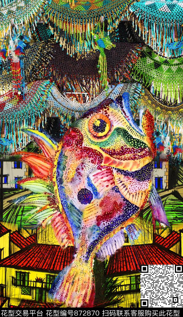 油画鱼房屋数码印花华亿平台下载（图片编号: 872870） - 瓦栏（Walan）