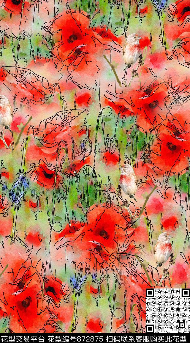 花卉花朵线描数码印花华亿平台下载（图片编号: 872875） - 瓦栏（Walan）