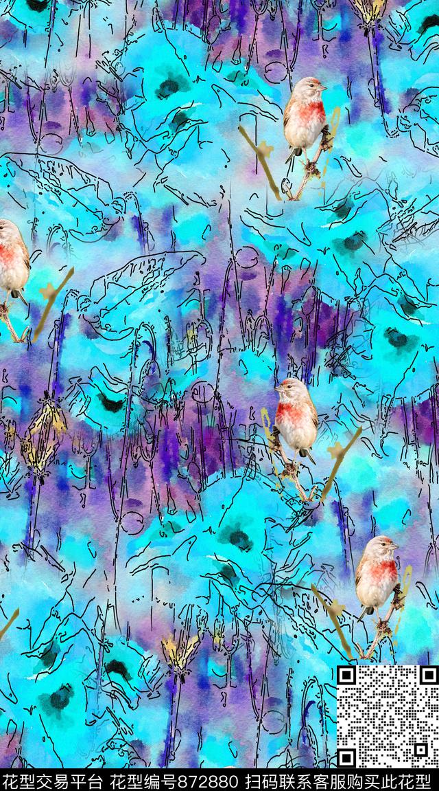 花卉花朵线描数码印花华亿平台下载（图片编号: 872880） - 瓦栏（Walan）